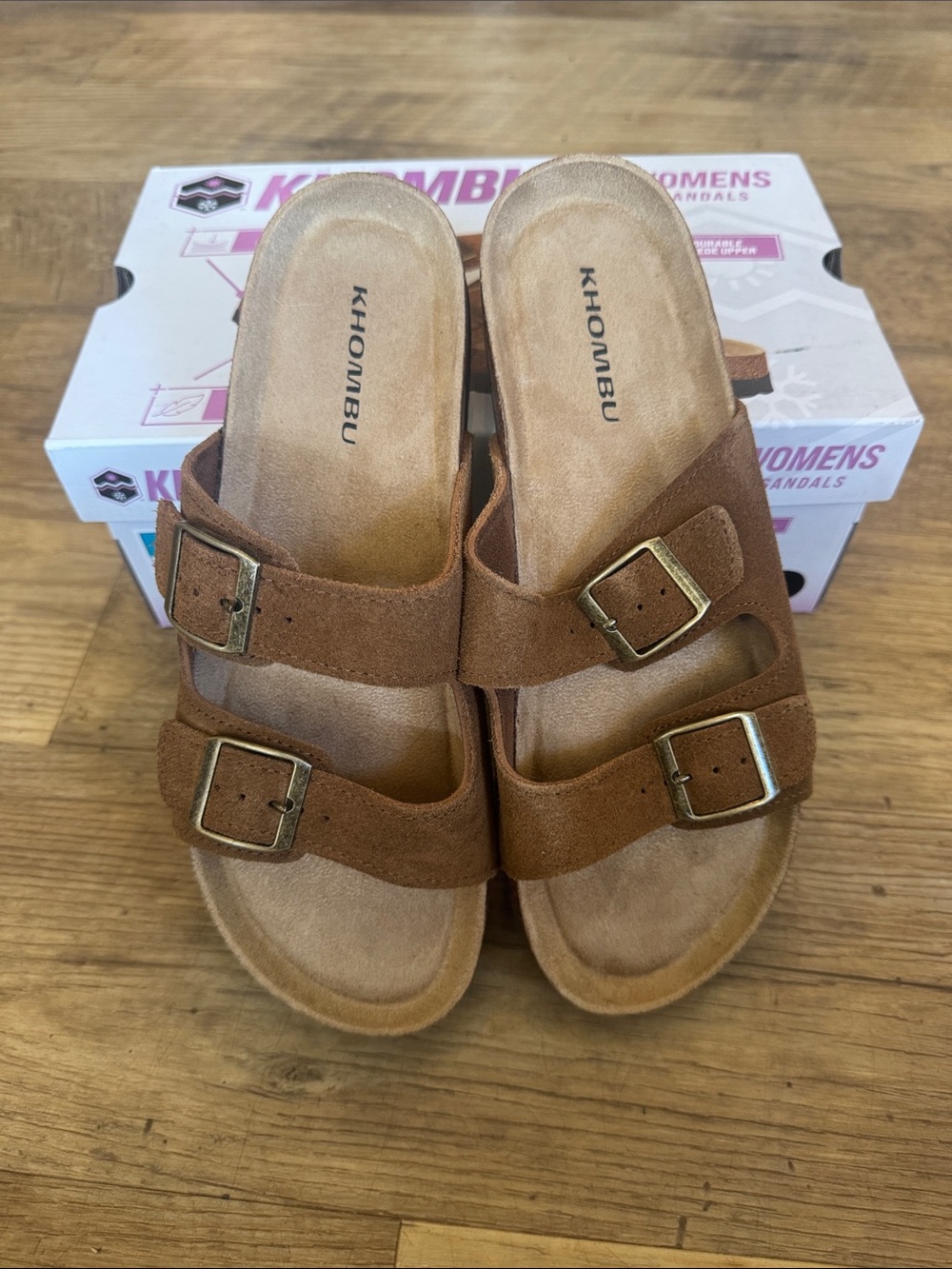 NIB Khombu Ashville Brown Double-Buckle Suede Slide Sandals Size 10